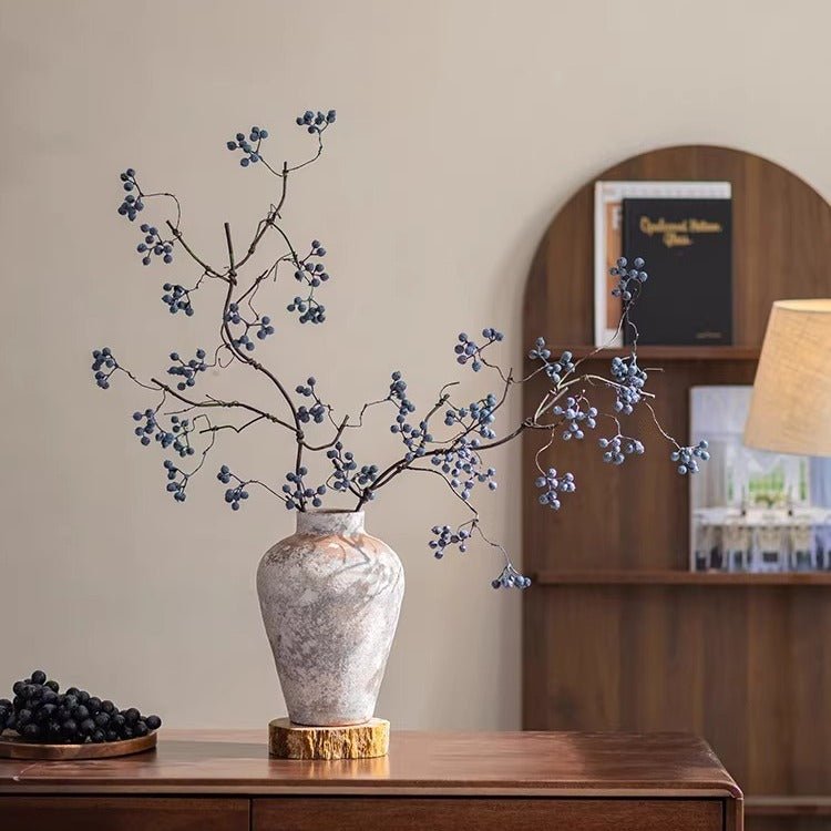 Zen Style Blue Berry Stem 37.5in tall artificial stem with blue berry clusters in a grey vase on Tampa Home & Garden Store