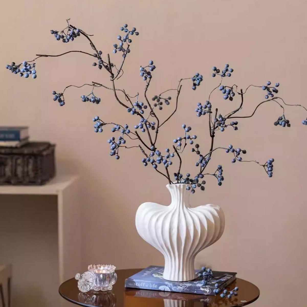 Zen Style Blue Berry Stem by RusticReach, 37.5 in tall non-flowering plant in vase with berries on Tampa Home & Garden Store