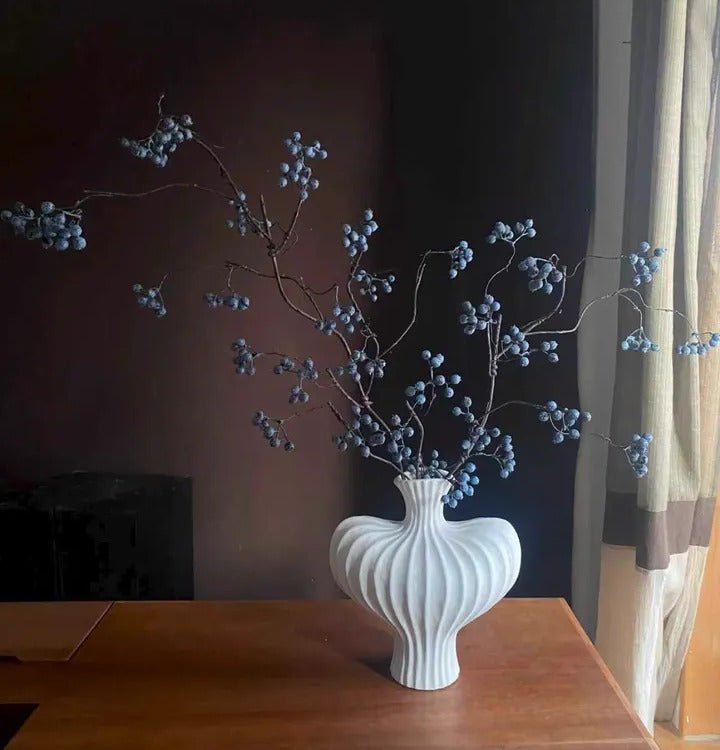 Zen Style Blue Berry Stem artificial plant in a ribbed vase with blue berry clusters on Tampa Home & Garden Store