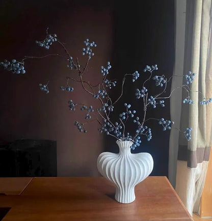 Zen Style Blue Berry Stem artificial plant in a ribbed vase with blue berry clusters on Tampa Home & Garden Store
