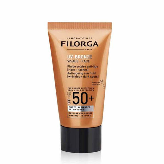 Filorga UV-Bronze SPF50+ face sunscreen tube in peach with black cap 1.35 fl oz on Tampa Home & Garden Store