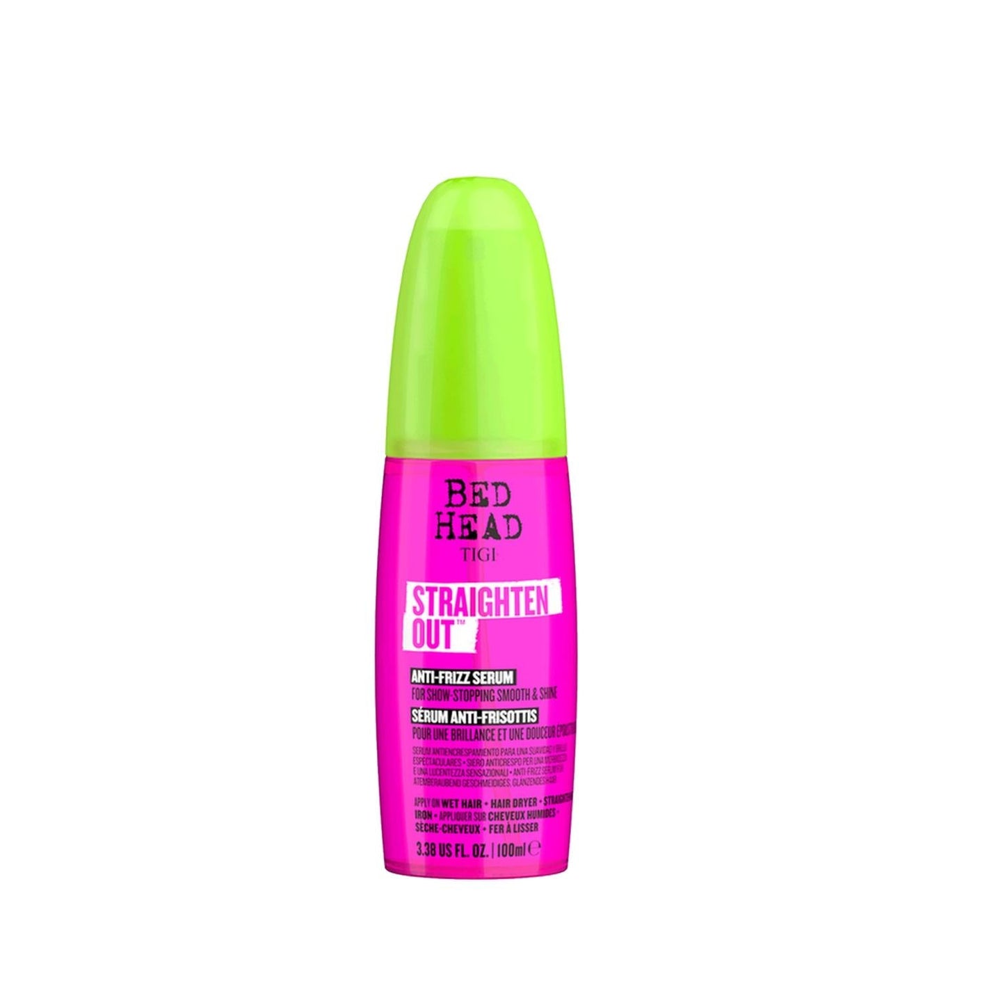 Bed Head Straighten Out anti-frizz serum bottle, pink container with neon green cap by TIGI on Tampa Home & Garden Store