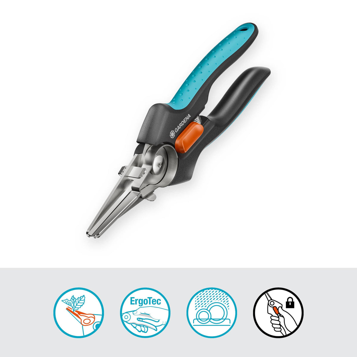 GripCut Scissors hand tool with teal textured grip, black body, orange pivot by Gardena on Tampa Home & Garden Store
