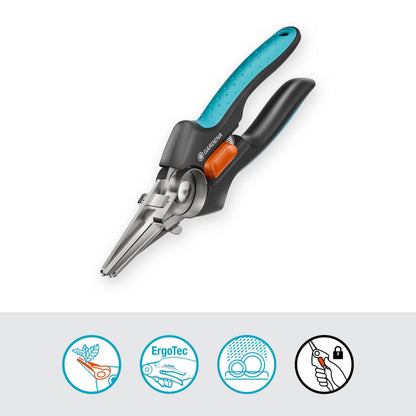 GripCut Scissors hand tool with teal textured grip, black body, orange pivot by Gardena on Tampa Home & Garden Store