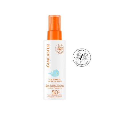 Lancaster Sun Sensitive Milky Spray for Kids SPF50 sunscreen spray, white bottle with orange cap on Tampa Home & Garden Store