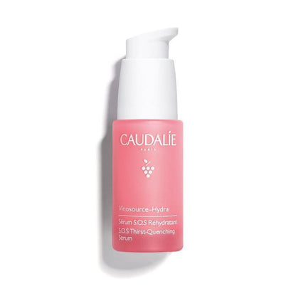 Caudalie Vinosource Hydra SOS Thirst Hydrating Serum pink bottle with white pump on Tampa Home & Garden Store