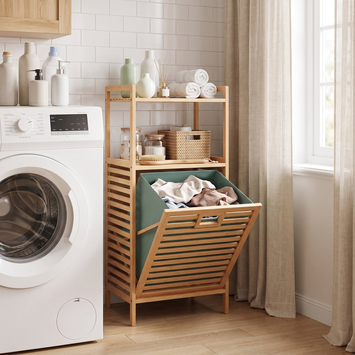 Bamboo Tilt Out Laundry Hamper With Removable Bin in bamboo with teal liner beside washer on Tampa Home & Garden Store
