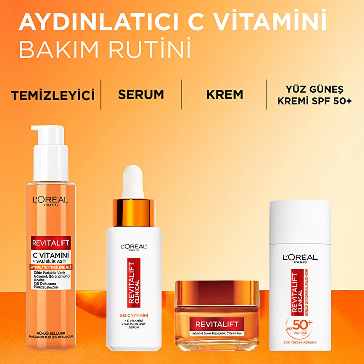 Face care quartet: L'Oreal Paris Revitalift Vitamin C pump moisturizer, vitamin C serum, cream jar, and SPF 50+ bottle on Tampa Home & Garden Store