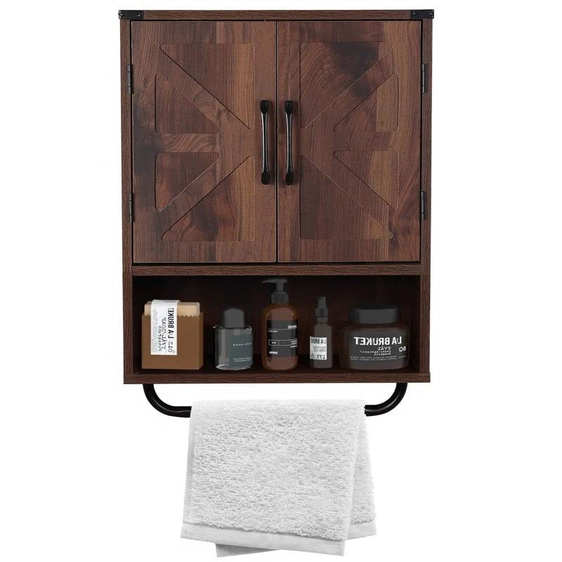 Gabinete de pared para baño rústico con toallero en acabado de madera marrón