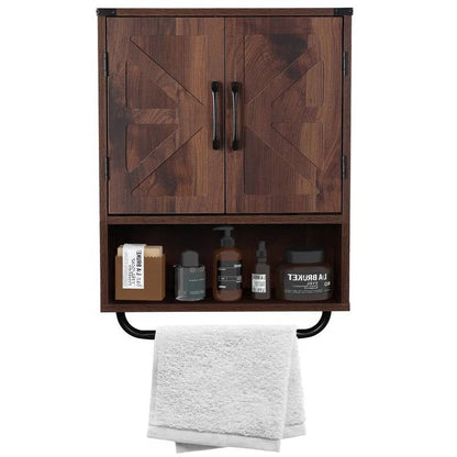 Gabinete de pared para baño rústico con toallero en acabado de madera marrón