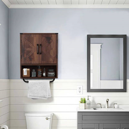 Gabinete de pared para baño rústico con toallero en acabado de madera marrón