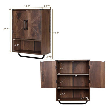 Gabinete de pared para baño rústico con toallero en acabado de madera marrón
