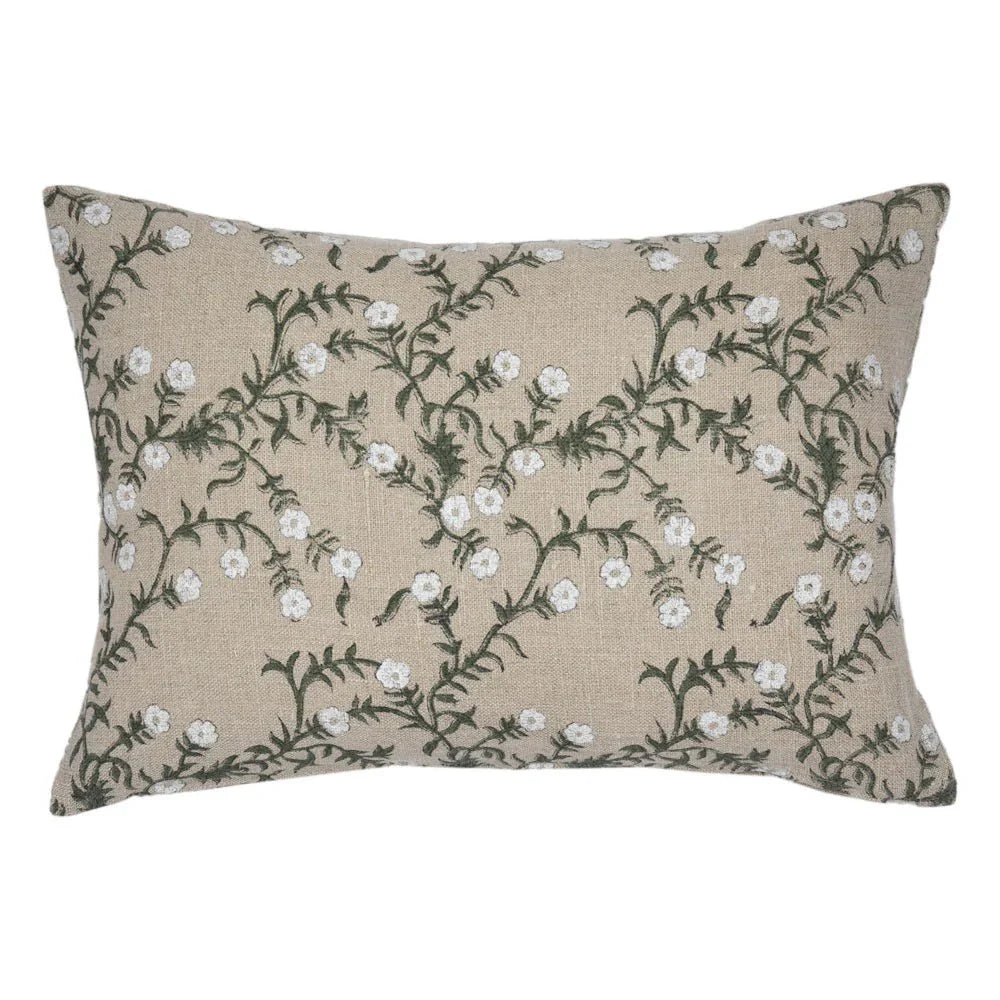 Jameera Linen Floral Throw Pillow Cover, Olive on Natural - Tampa Home & Garden Store
