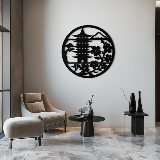 Japanese Pagoda and Sakura Flowers Metal Wall Art – Zen Garden Decor- KAF570 - Tampa Home & Garden Store