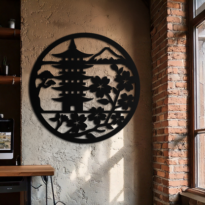 Japanese Pagoda and Sakura Flowers Metal Wall Art – Zen Garden Decor- KAF570 - Tampa Home & Garden Store