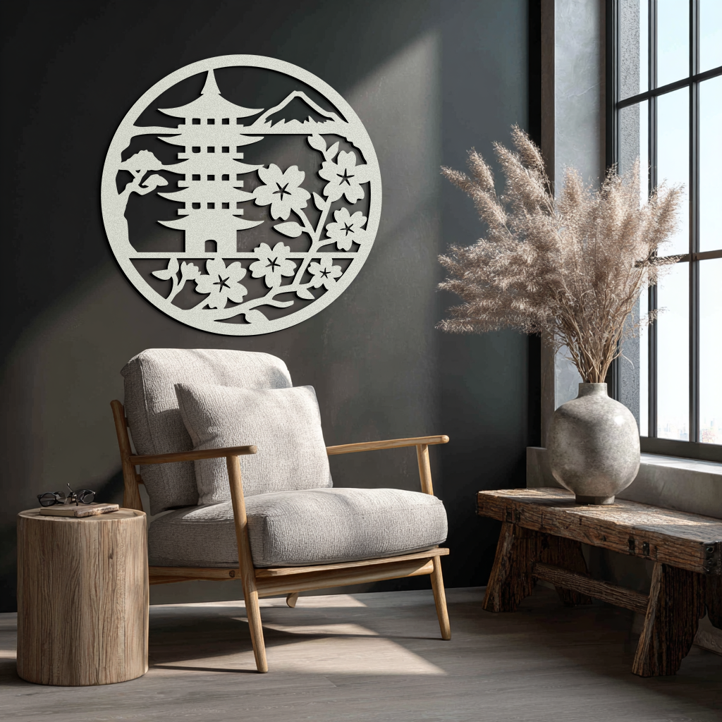 Japanese Pagoda and Sakura Flowers Metal Wall Art – Zen Garden Decor- KAF570 - Tampa Home & Garden Store