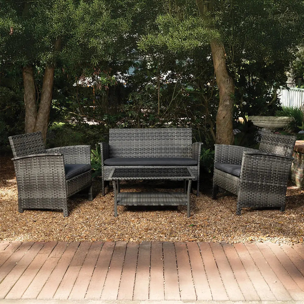 Jareth Wicker Patio Set with 2 armchairs, 1 loveseat, coffee table, and ottoman in gray wicker on Tampa Home & Garden Store