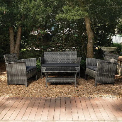 Jareth Wicker Patio Set with 2 armchairs, 1 loveseat, coffee table, and ottoman in gray wicker on Tampa Home & Garden Store