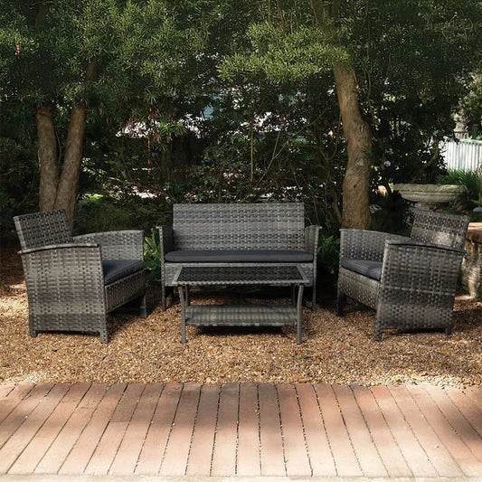 Jareth Wicker Patio Set with 2 armchairs, 1 loveseat, coffee table, and ottoman in gray wicker on Tampa Home & Garden Store