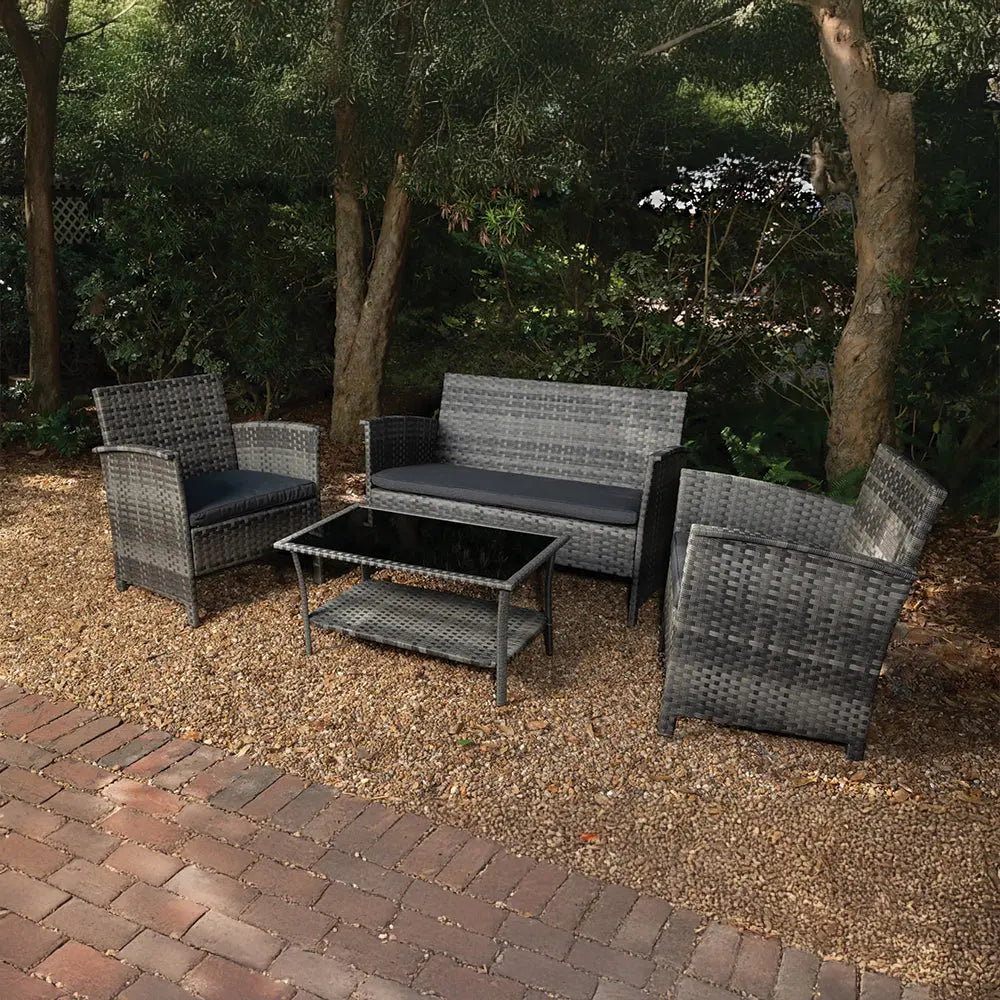 Jareth Wicker Patio Set - gray 4-piece with glass coffee table; Fire Sense on Tampa Home & Garden Store