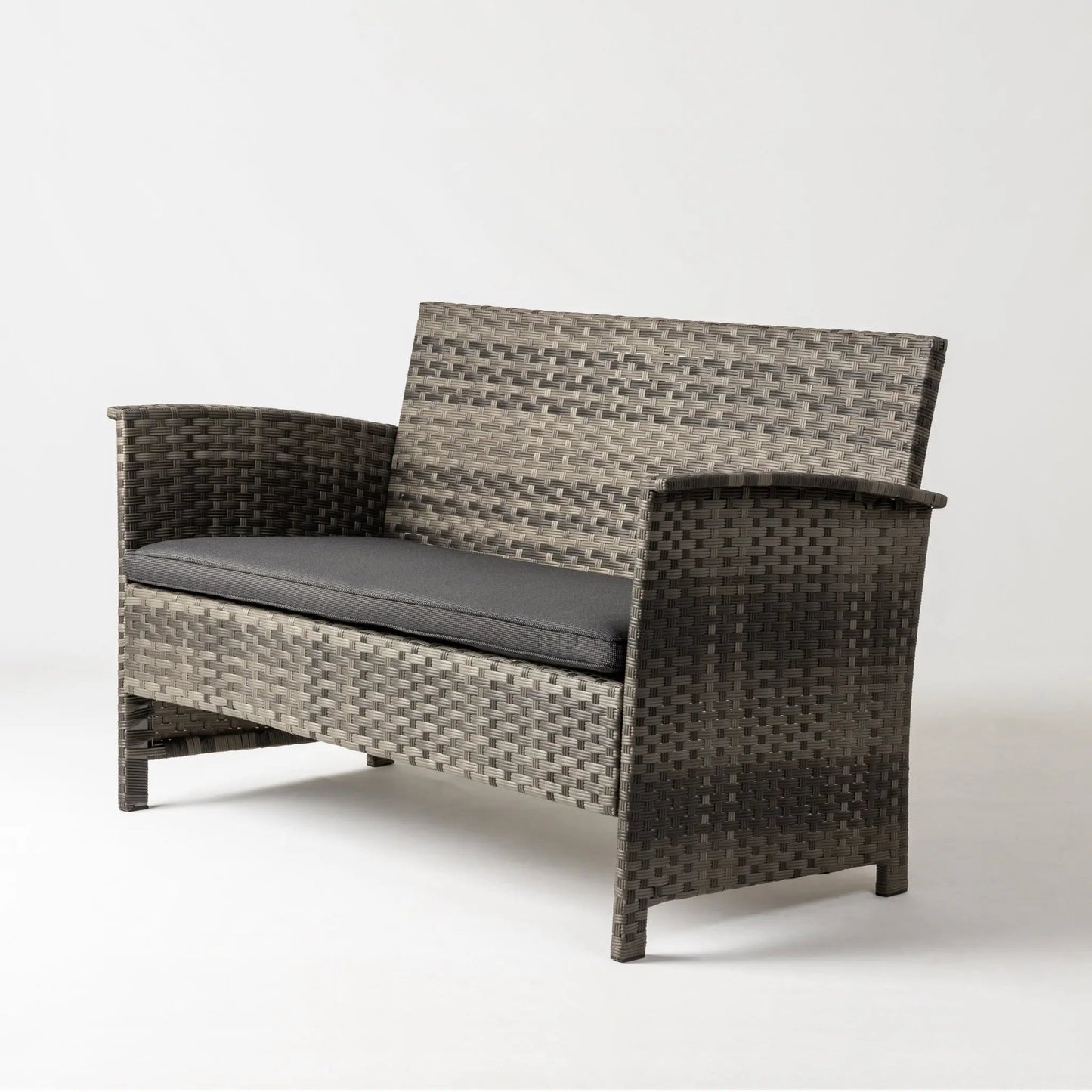 Jareth Wicker Patio Set pair of outdoor chairs in brown woven rattan with gray cushions on Tampa Home & Garden Store