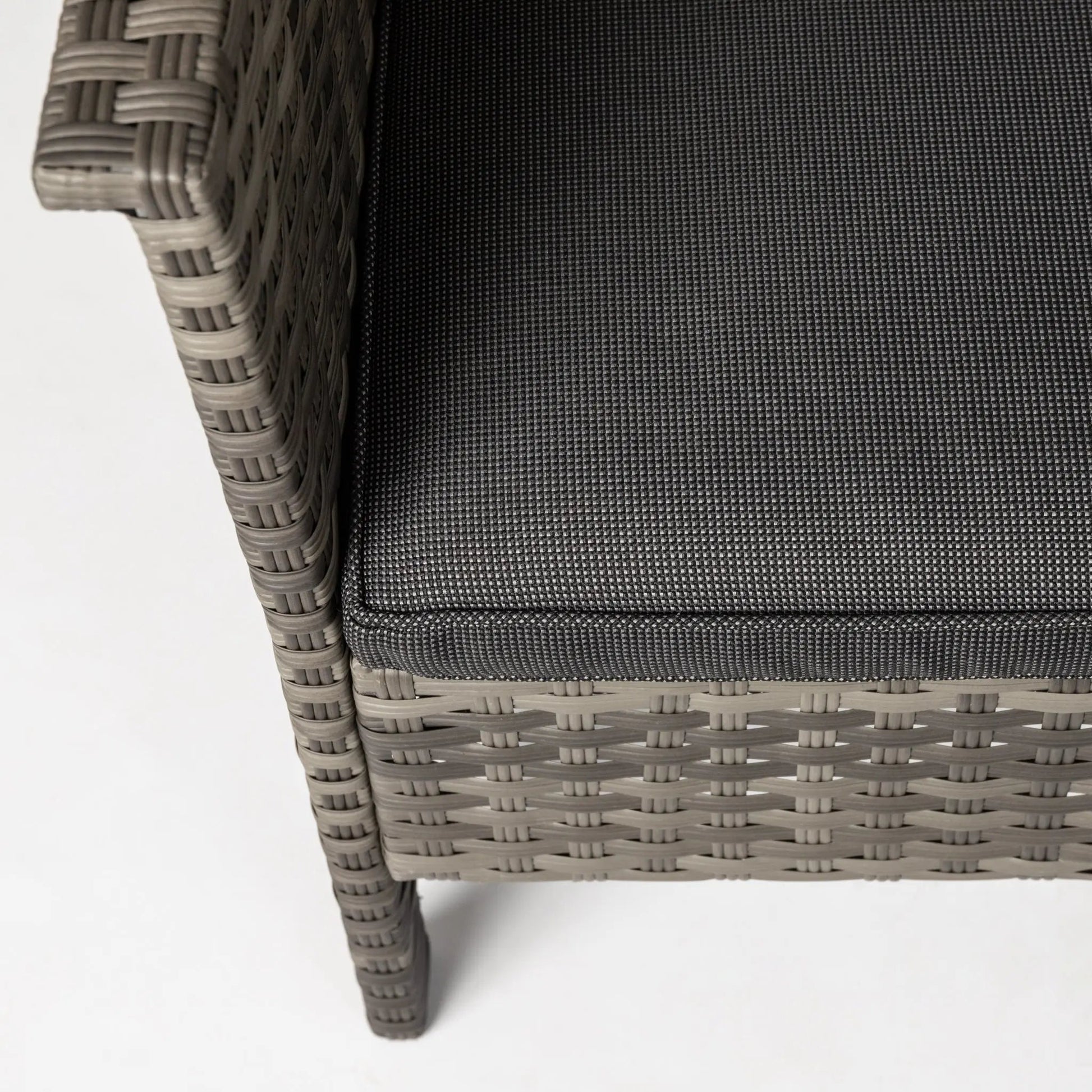 Jareth Wicker Patio Set chair with gray woven frame and dark gray cushion on Tampa Home & Garden Store