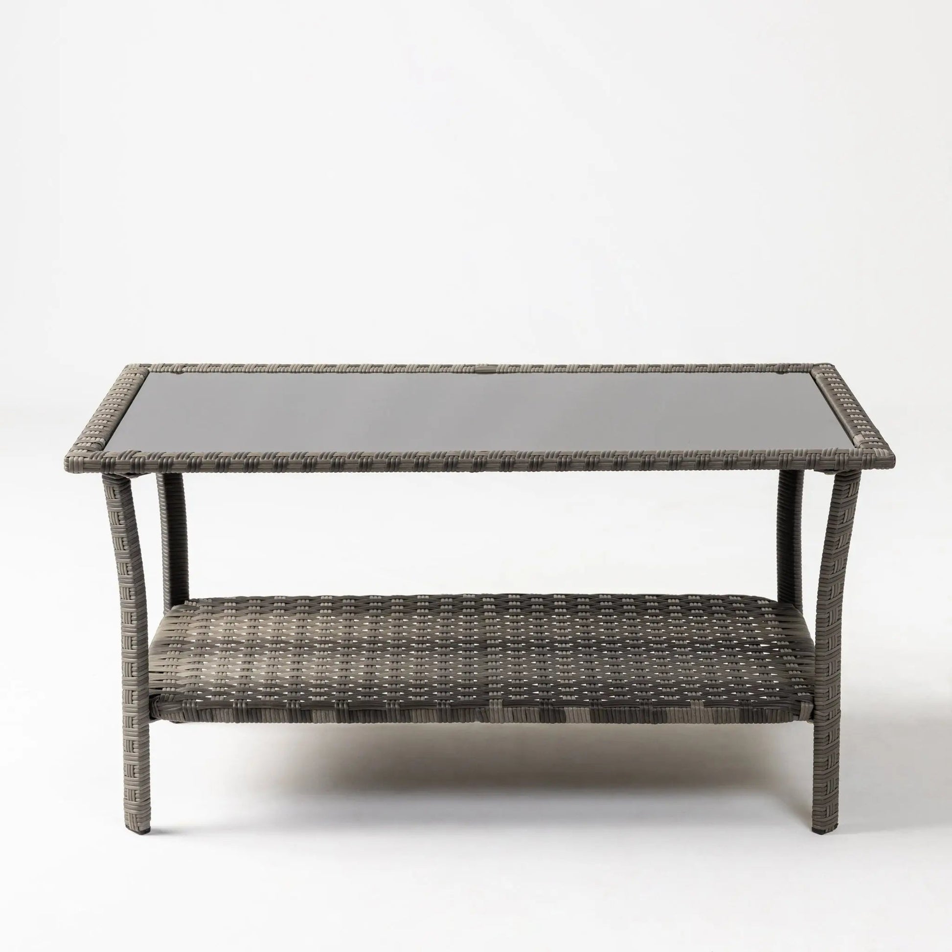 Jareth Wicker Patio Table with glass top in gray-brown weave on Tampa Home & Garden Store