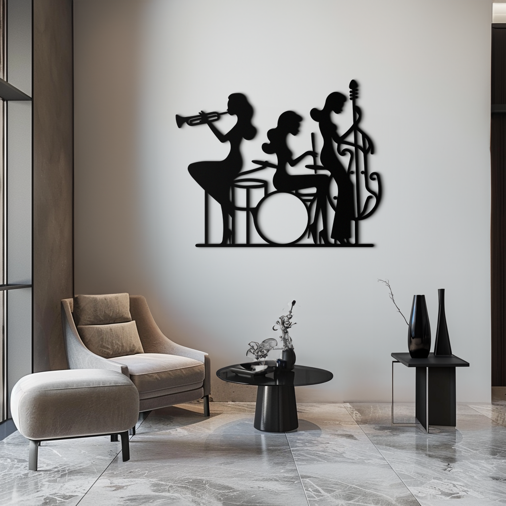 Jazz Trio Women Metal Wall Art – Musical Female Silhouette Band Playing Instruments in Black Steel- KAF349 - Tampa Home & Garden Store