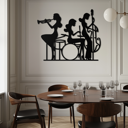 Jazz Trio Women Metal Wall Art – Musical Female Silhouette Band Playing Instruments in Black Steel- KAF349 - Tampa Home & Garden Store