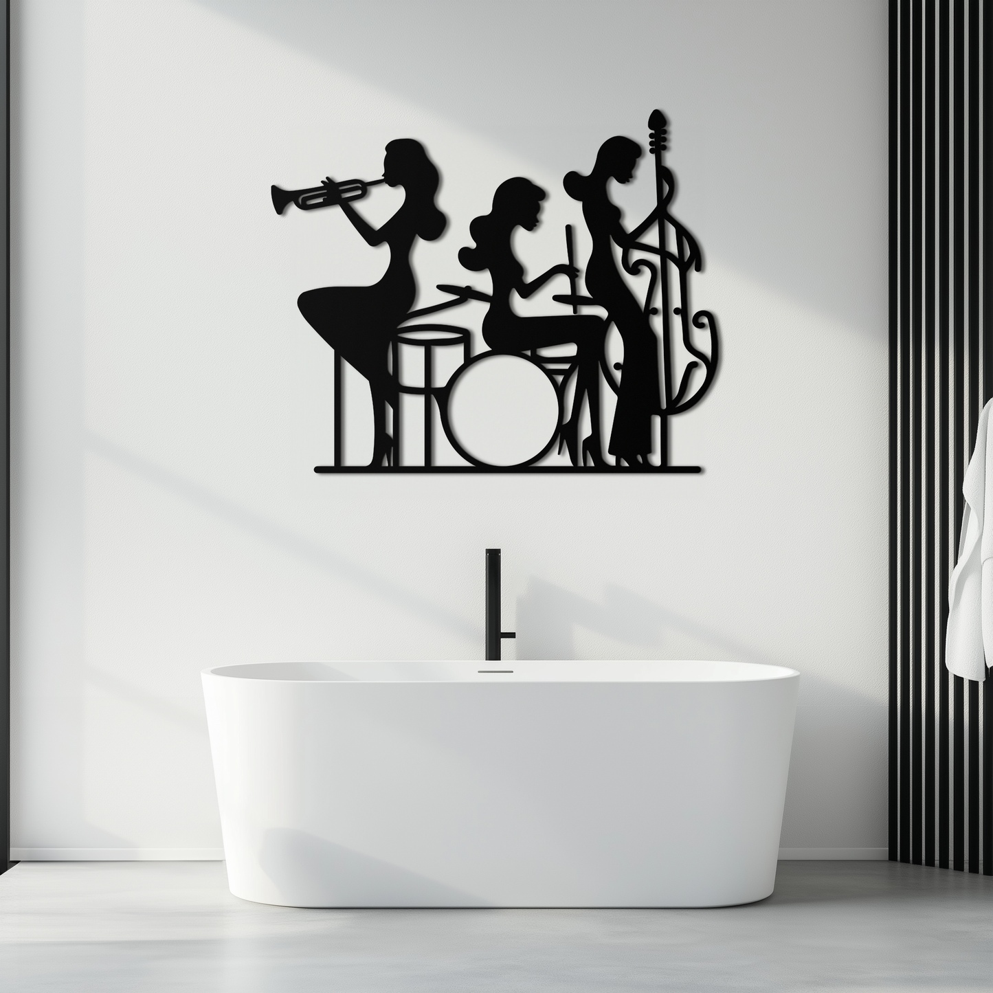 Jazz Trio Women Metal Wall Art – Musical Female Silhouette Band Playing Instruments in Black Steel- KAF349 - Tampa Home & Garden Store