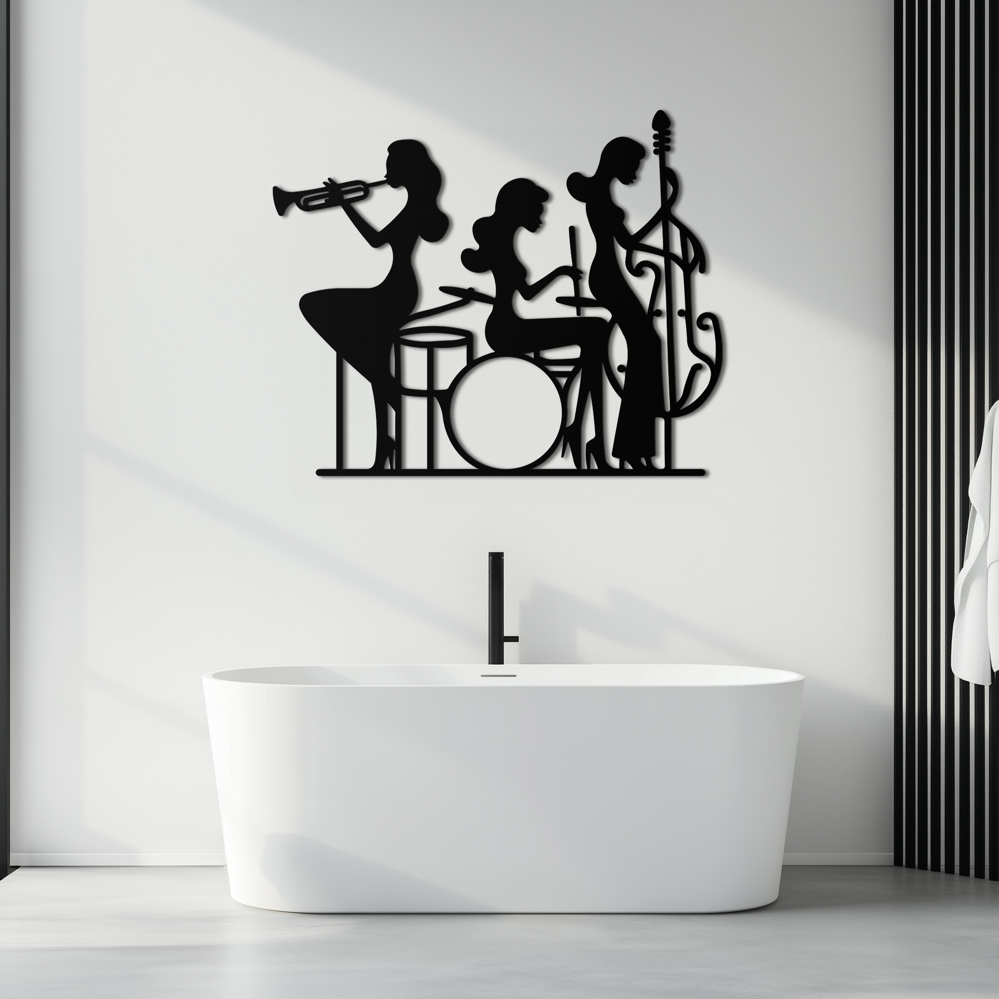 Jazz Trio Women Metal Wall Art – Musical Female Silhouette Band Playing Instruments in Black Steel- KAF349 - Tampa Home & Garden Store