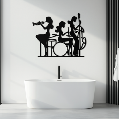 Jazz Trio Women Metal Wall Art – Musical Female Silhouette Band Playing Instruments in Black Steel- KAF349 - Tampa Home & Garden Store