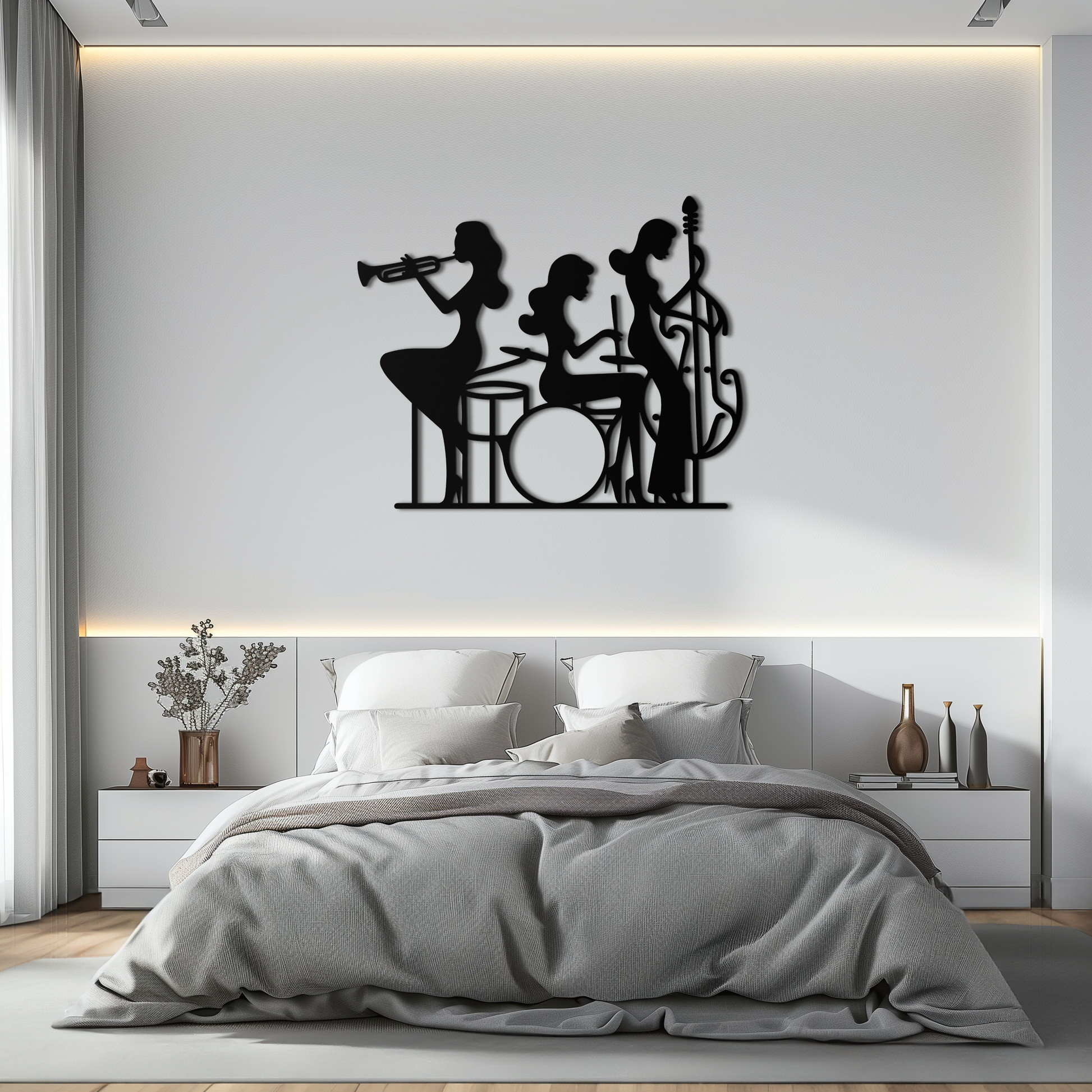 Jazz Trio Women Metal Wall Art – Musical Female Silhouette Band Playing Instruments in Black Steel- KAF349 - Tampa Home & Garden Store