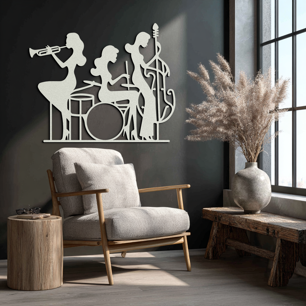 Jazz Trio Women Metal Wall Art – Musical Female Silhouette Band Playing Instruments in Black Steel- KAF349 - Tampa Home & Garden Store