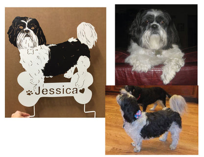 Rustica Ornamentals Pet Portraits wooden bone sign with Jessica collage of dog portraits on Tampa Home & Garden Store