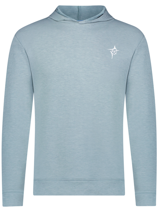Jetty hoodie by White Water Life in light blue heather with small white chest logo on left on Tampa Home & Garden Store