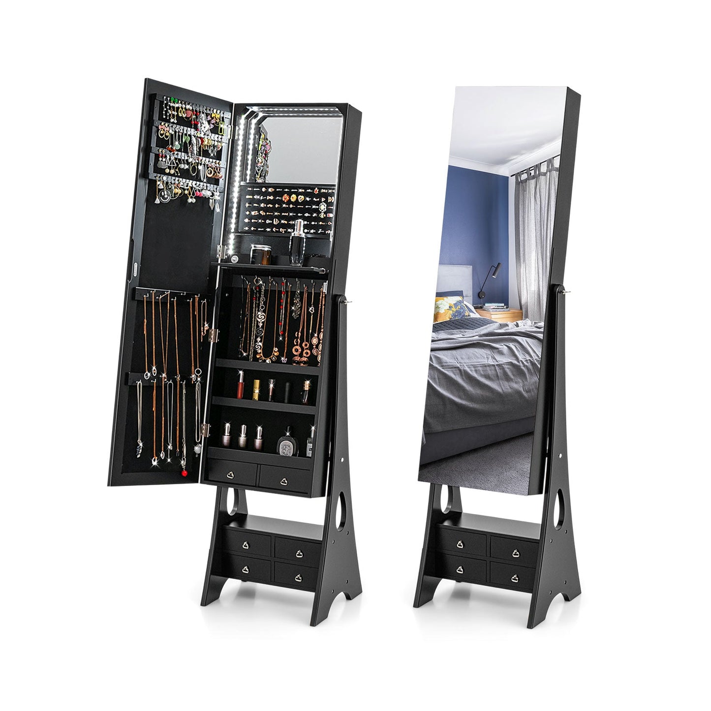 Freestanding Full Length LED Mirrored Jewelry Armoire with 6 Drawers-White
