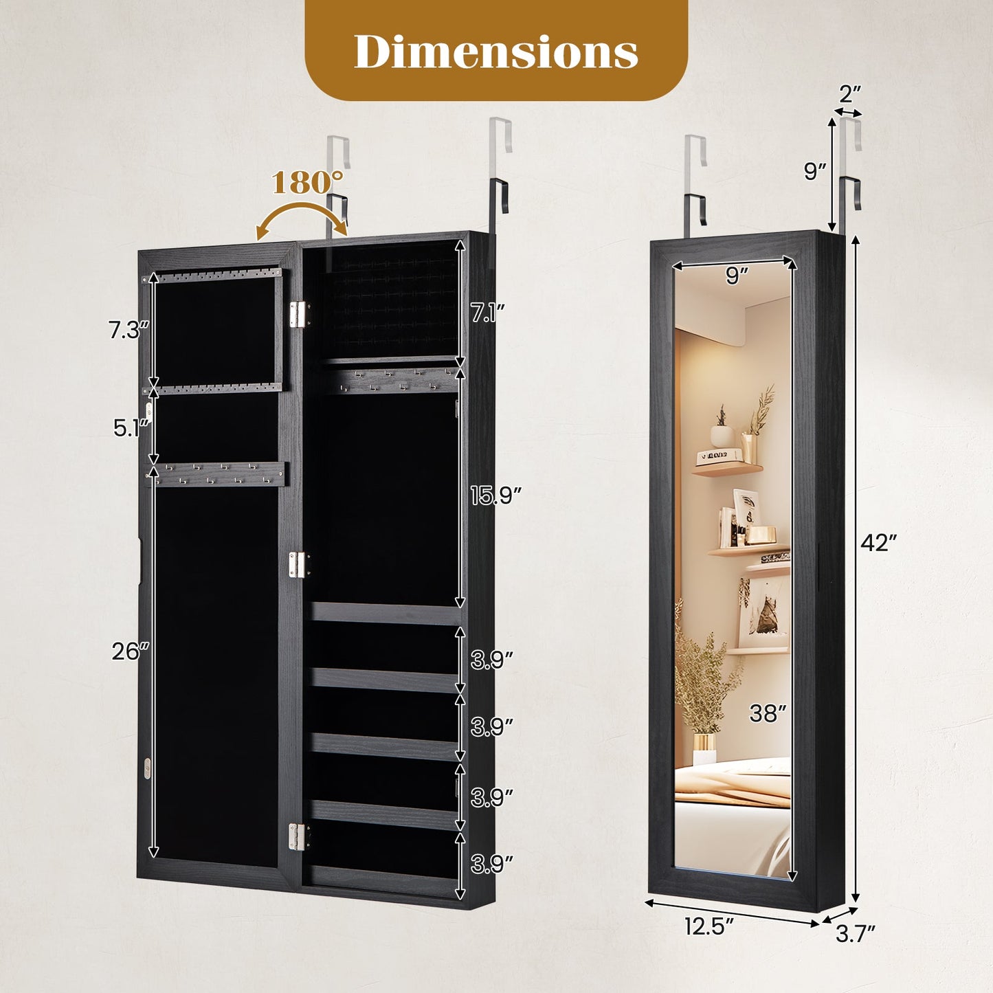 Jewelry Cabinet Wall or Door Armoire Mirror Black