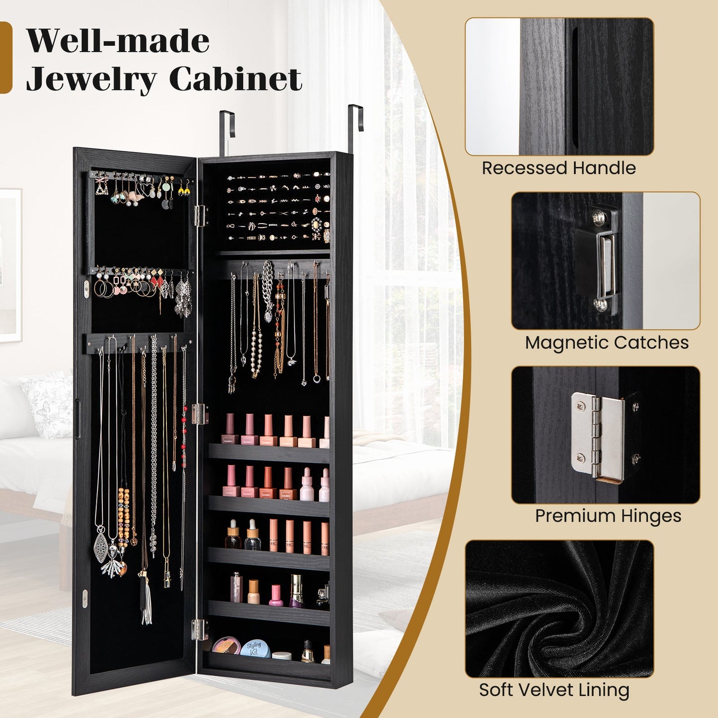Jewelry Cabinet Wall or Door Armoire Mirror Black