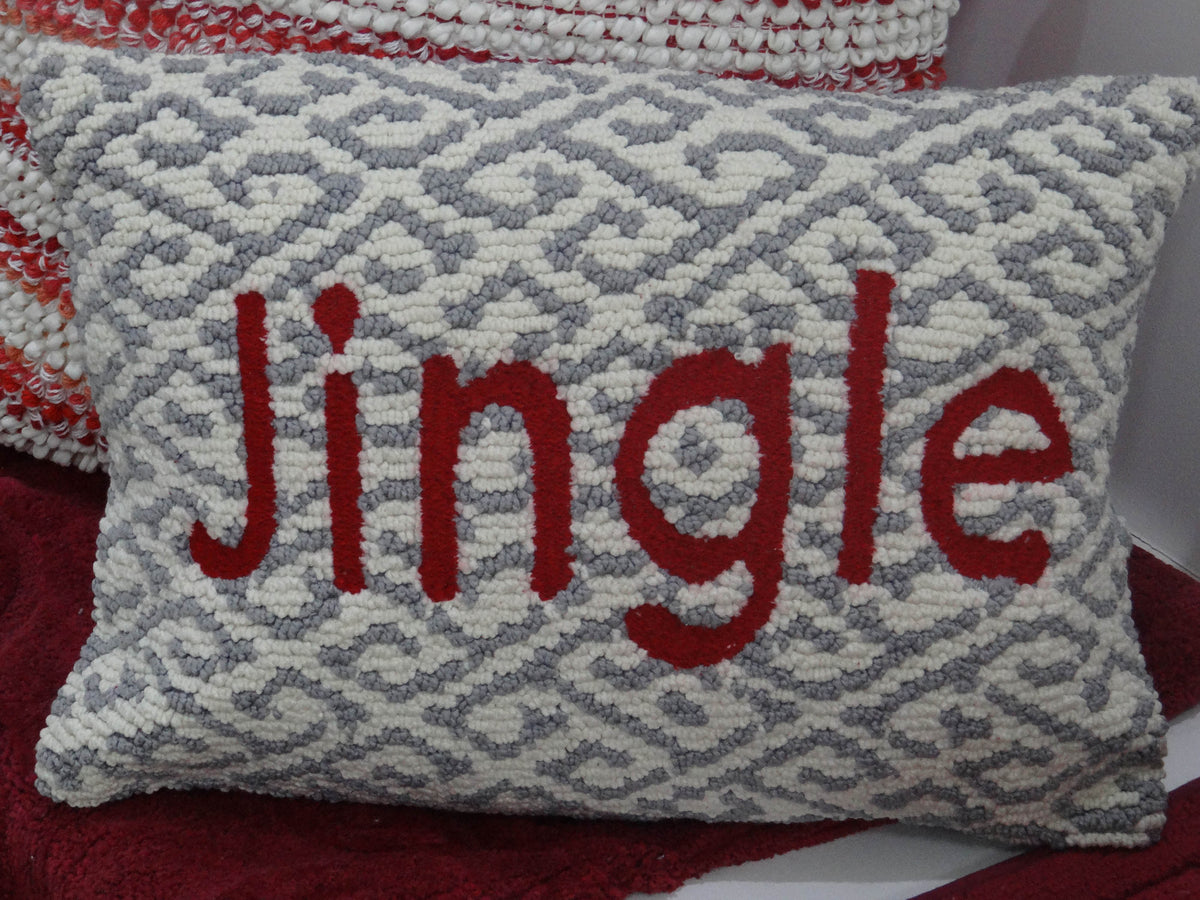 Vibhsa Jingle decorative pillows 14x20 gray/white chenille with red lettering on Tampa Home & Garden Store