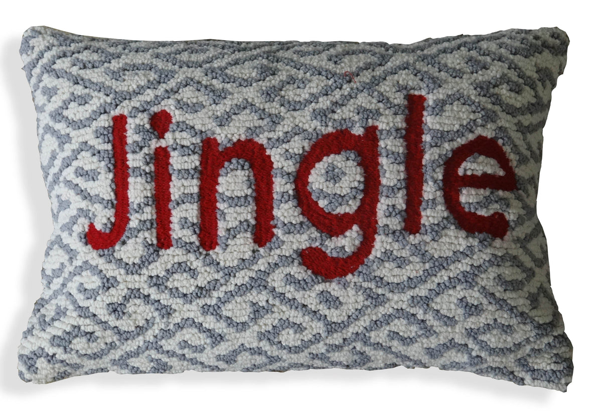 Vibhsa Jingle Decorative Pillow blue-gray boucle with red lettering 14x20 on Tampa Home & Garden Store