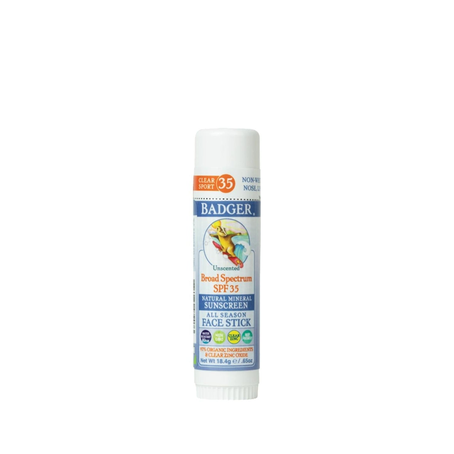 Badger SPF 35 sunscreen stick with clear zinc, unscented face stick, white cap, blue label on Tampa Home & Garden Store