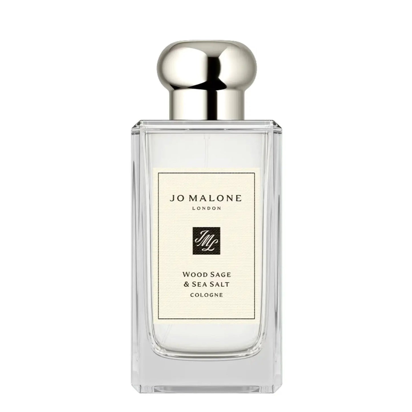 Jo Malone London Wood Sage & Sea Salt Cologne bottle with clear glass and silver cap on Nava Beauty on Tampa Home & Garden Store