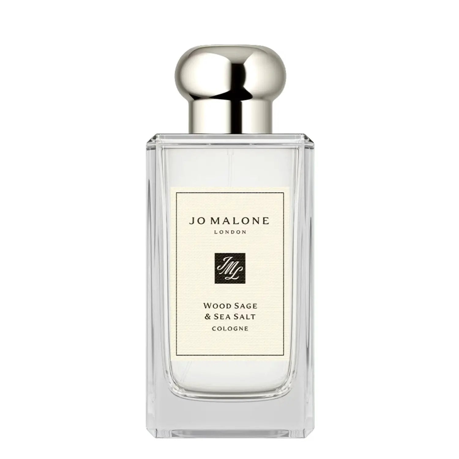 Jo Malone London Wood Sage & Sea Salt Cologne bottle with clear glass and silver cap on Nava Beauty on Tampa Home & Garden Store