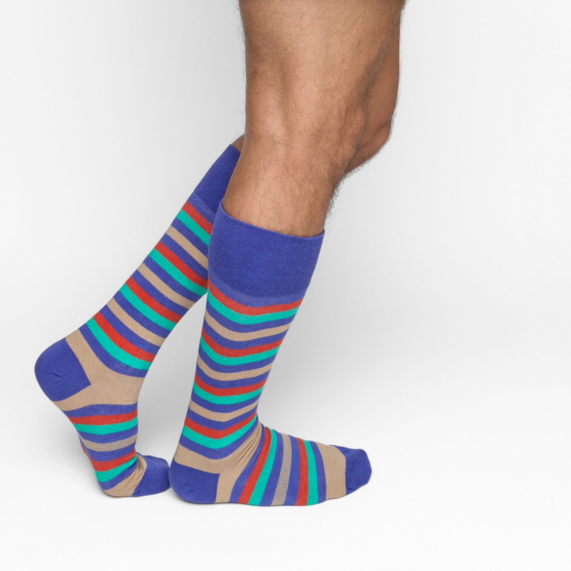 Spectrum Stripes boardroom dress socks by DeadSoxy, striped crew socks pair in blue tan red on Tampa Home & Garden Store