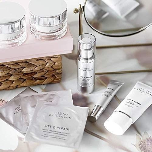 Face serum kit: Institut Esthederm Lift & Repair serum with silver pump bottle and sachets on Tampa Home & Garden Store