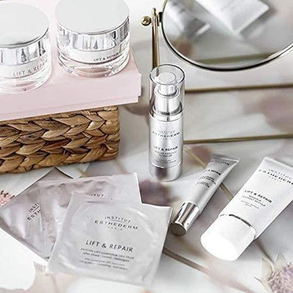 Face serum kit: Institut Esthederm Lift & Repair serum with silver pump bottle and sachets on Tampa Home & Garden Store