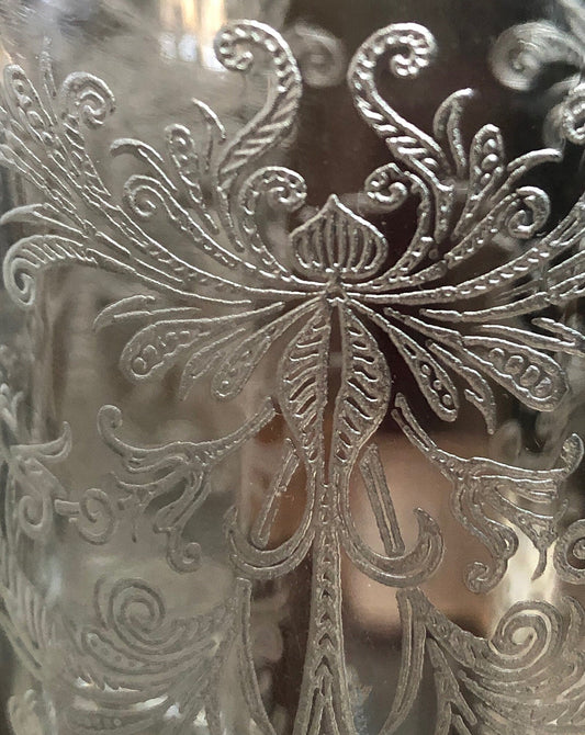 Juice / Water Glasses.  Tiffin's Byzantine  Pattern.  Five Small Etched Footed Tumblers. - Tampa Home & Garden Store