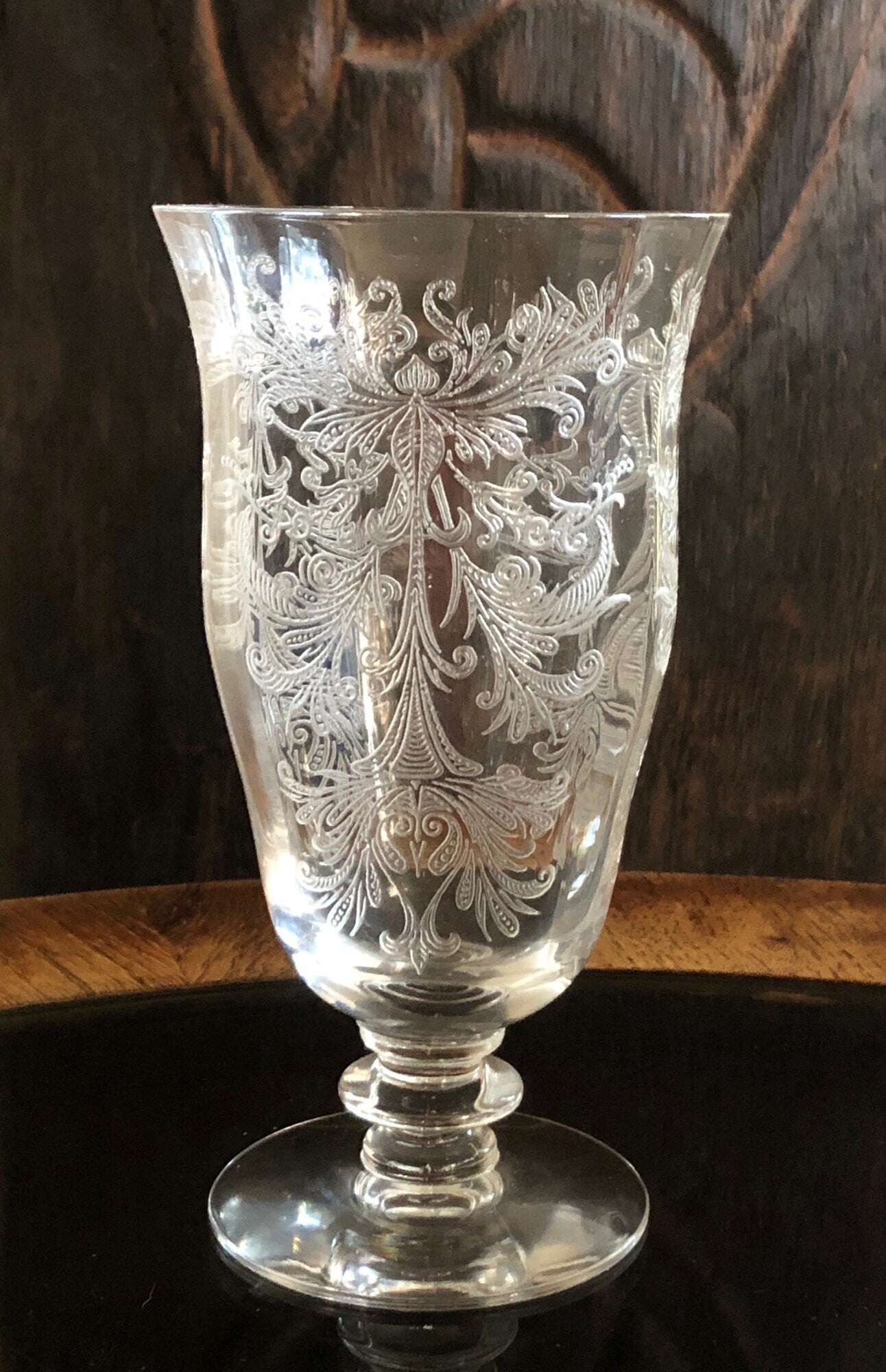 Juice / Water Glasses.  Tiffin's Byzantine  Pattern.  Five Small Etched Footed Tumblers. - Tampa Home & Garden Store