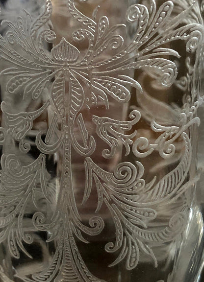 Juice / Water Glasses.  Tiffin's Byzantine  Pattern.  Five Small Etched Footed Tumblers. - Tampa Home & Garden Store